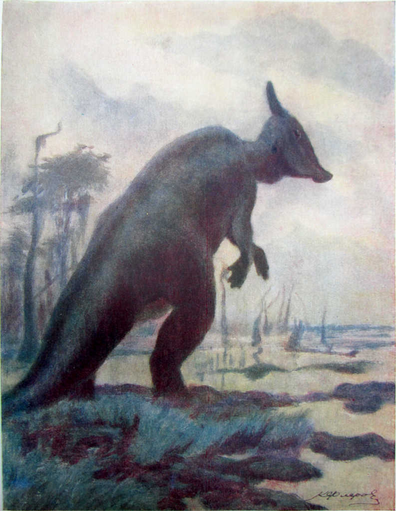 Утконосый динозавр — самый крупный двуногий динозавр (художник К.К. Флеров)