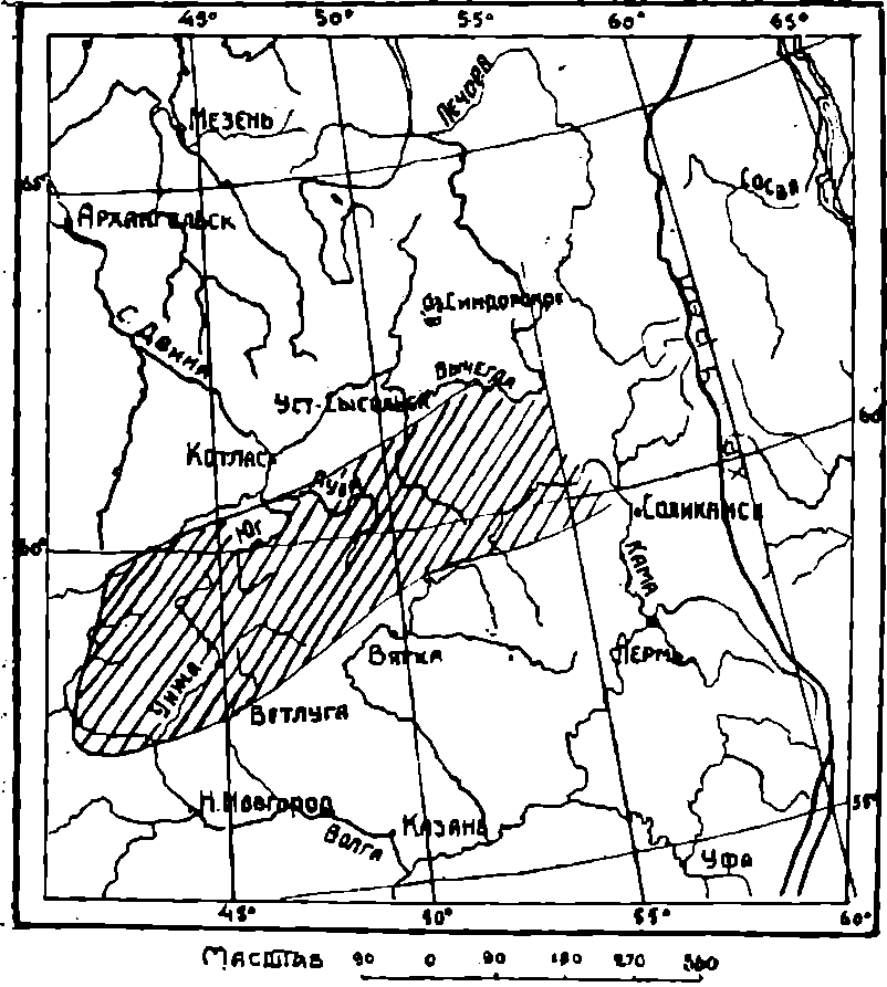 Карта 1. Распределение костеносного пласта пермо-триасовой пестроцветной толщи