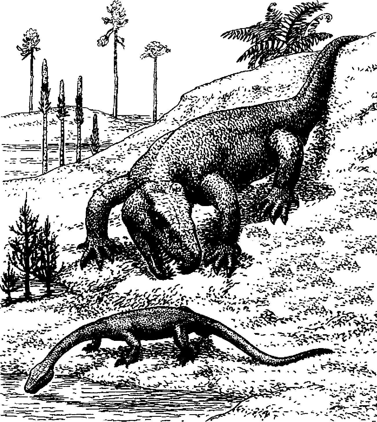 Гаряиния нападает на крупную проящерицу. Рисунок В.Д. Колганова
