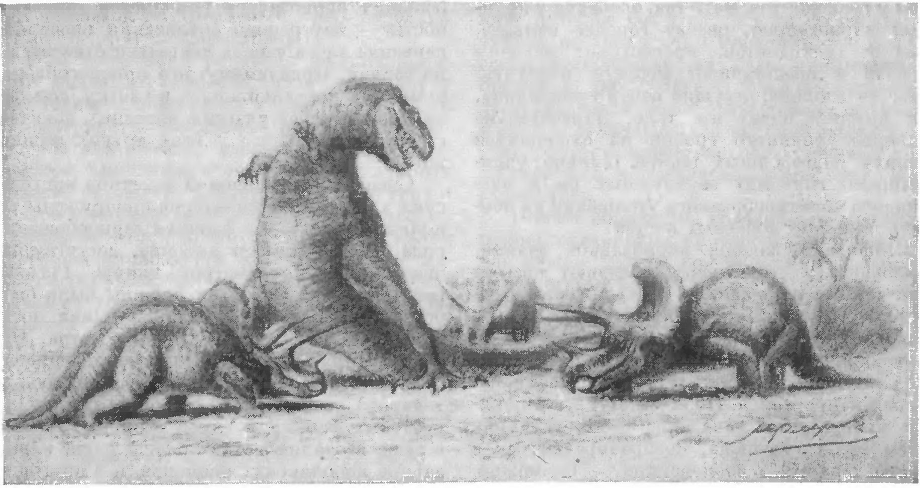 Карнозавр в бою с цератопсами (третья зона). Реконструкция К.К. Флерова