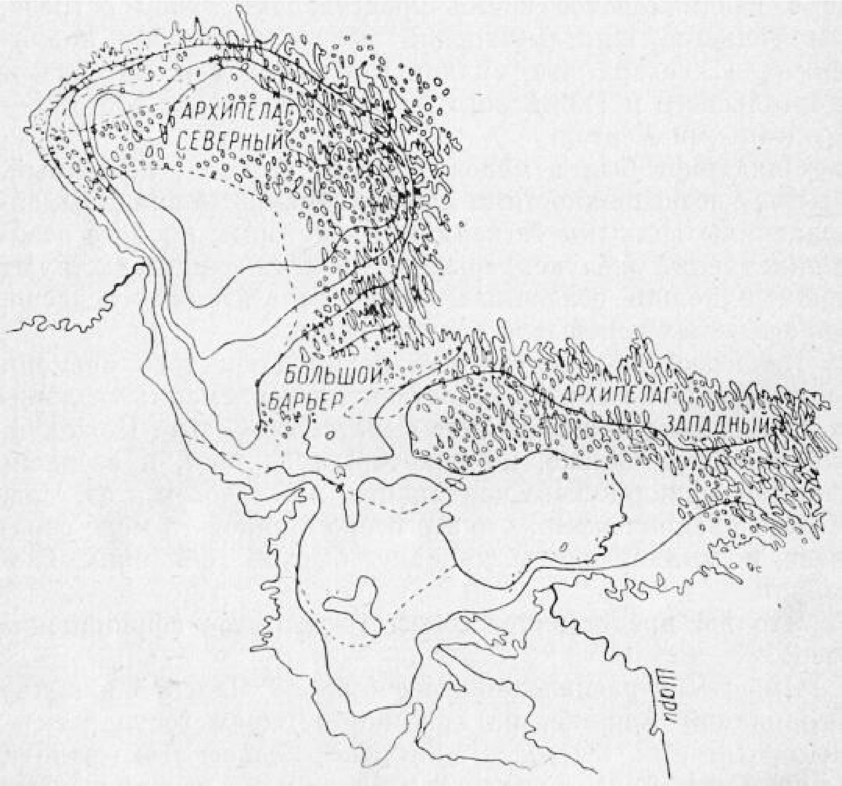 Схематическое изображение озера Чад с множеством островов и баров, по Ж.-П. Кармюз